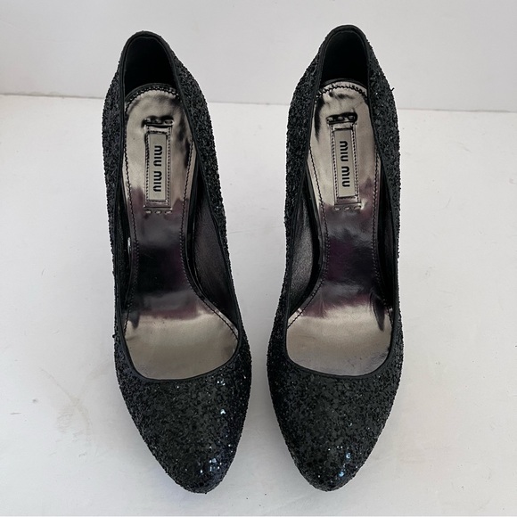 Miu Miu Prada Size 38 Black Glitter Round Toe Heels Pumps - Picture 3 of 16